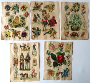 Grouping of 5 double pages of pasted die-cuts, circa 1880. All in good condition. Each page measures