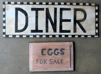 Two wooden advertising signs, mid to late 20th century. The first a "DINER' sign constructed of