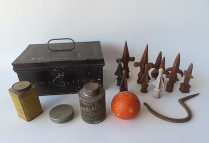 A grouping of early advertising and decorative objects, 19th and 20th century. The largest is a