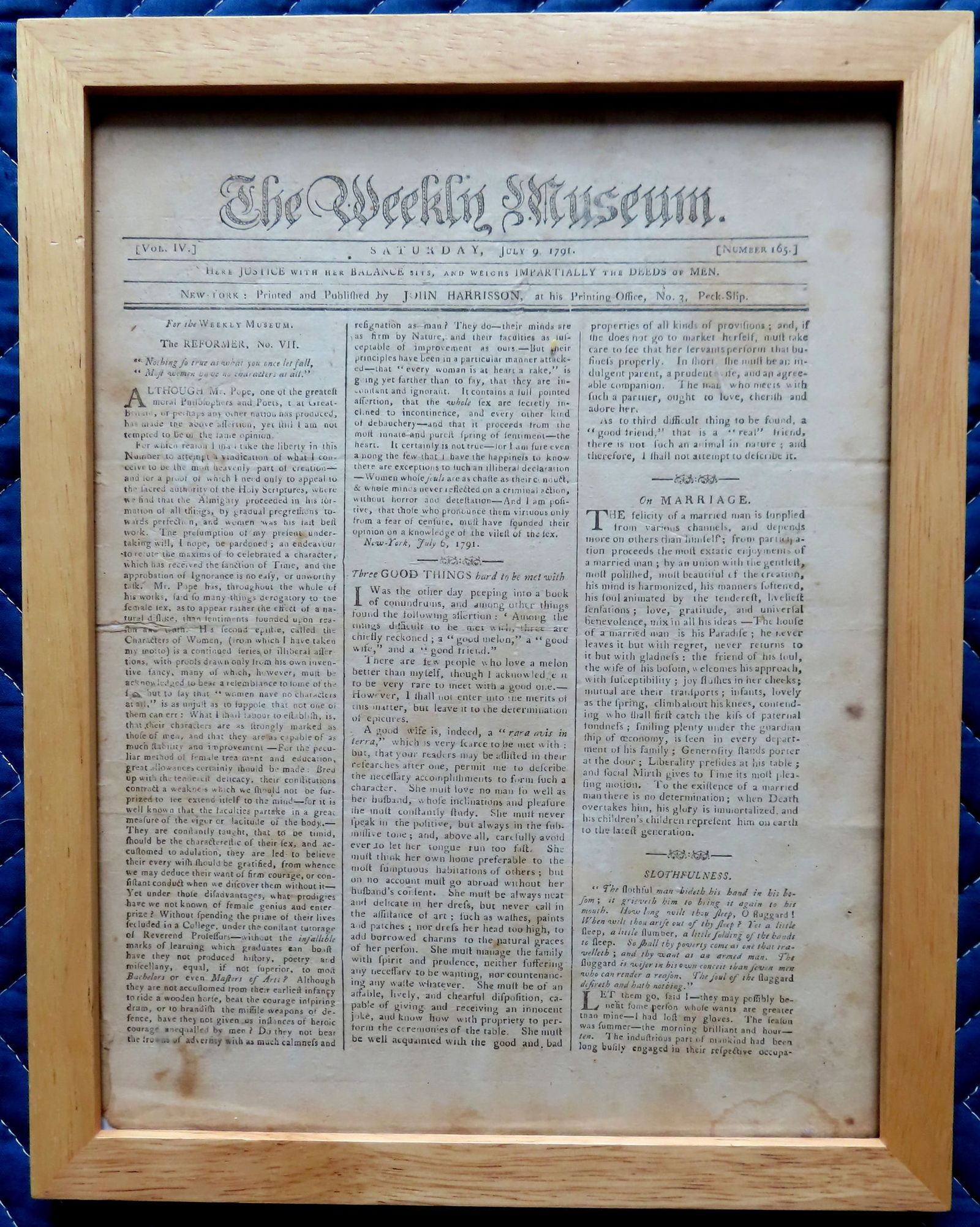 Framed newspaper "The Weekly Museum", July 9, 1791 - published by John Harrison. An interesting (1 of 2)