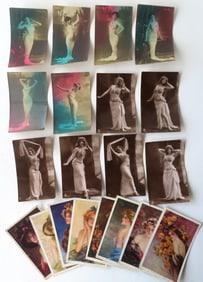 Grouping of vintage postcards related to woman's fashion and exotic dancing.