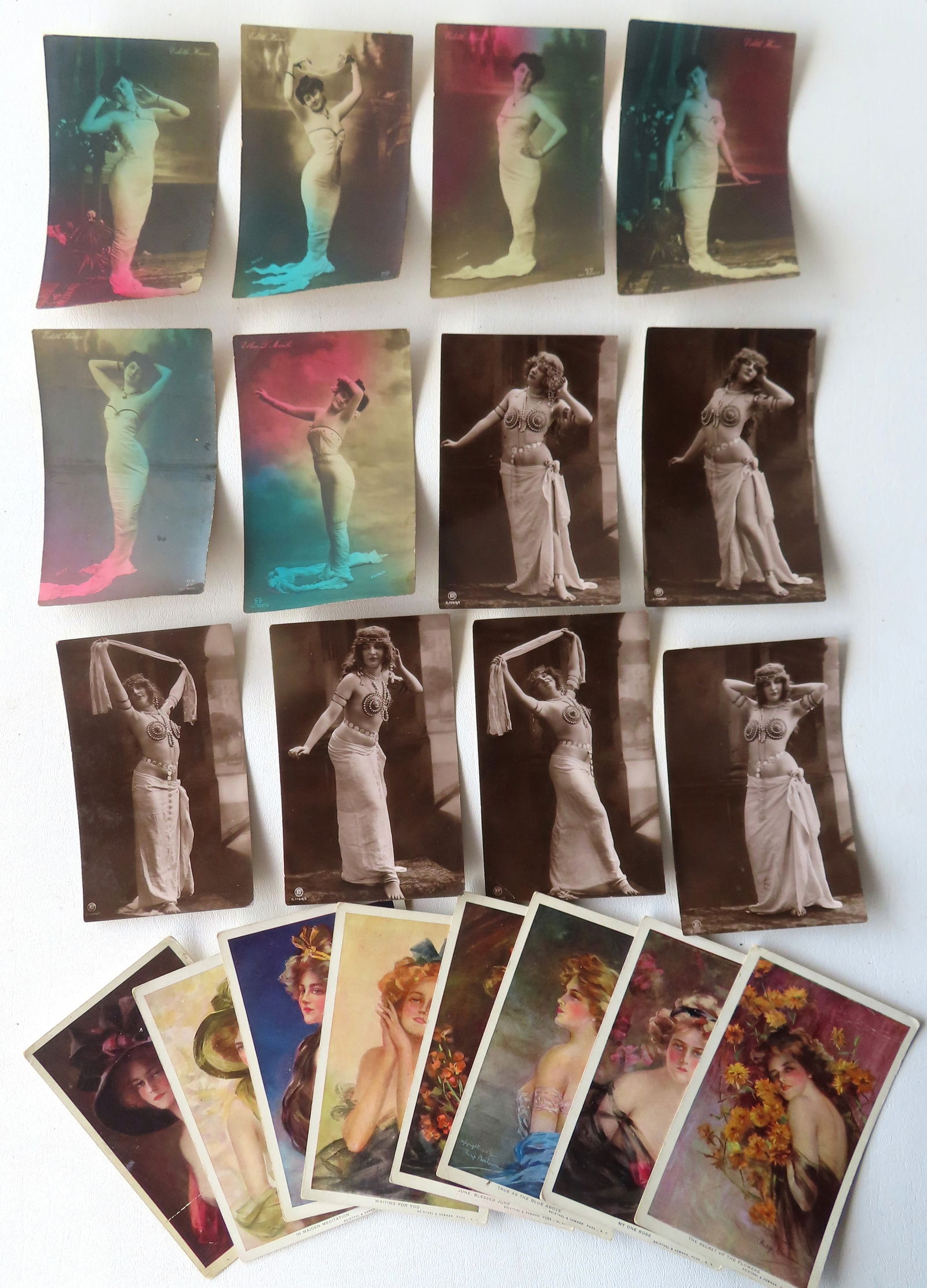 Grouping of vintage postcards related to woman's fashion and exotic dancing. (1 of 14)