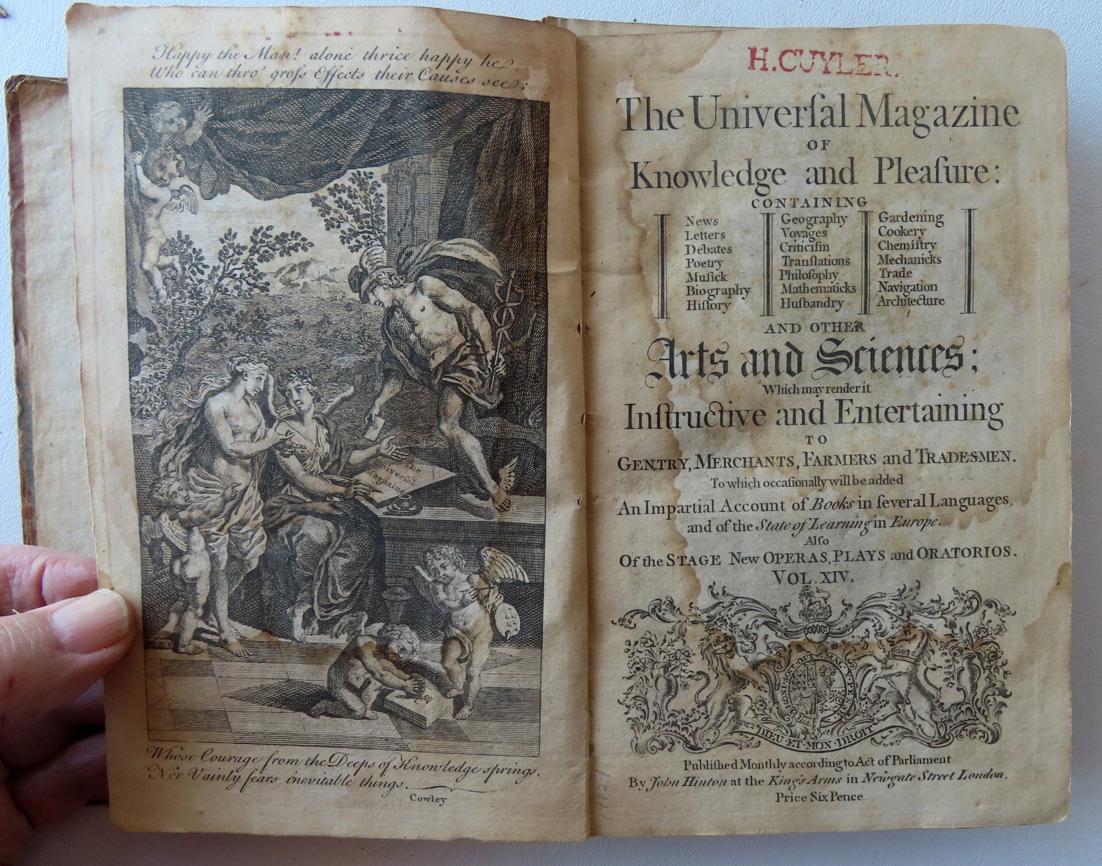 "The Universal Magazine Of Knowledge and Pleasure: For January, 1754", Vol. 14.: "The Universal Magazine Of Knowledge and Pleasure: For January, 1754", Vol. 14. - appears to be first edition, published in the same year. Included are many engravings including hand colored flowers a