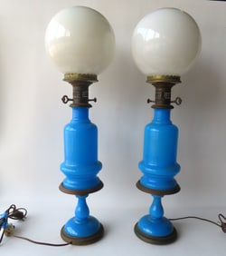 Pair of matching Bristol style blue opaline glass table lamps, early to mid 20th century.