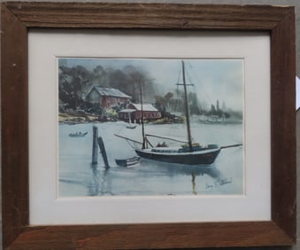 Lithograph of sailboat at harbor with houses on shoreline by G. B. Sutherland.