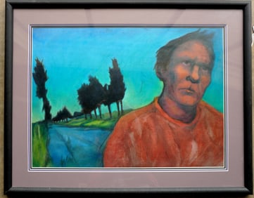 Large pastel portrait of a depressed man with desolate road in background.
