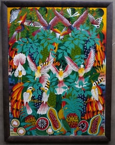 Large acrylic on canvas, Caribbean style, depicting exotic birds, butterflies, and fruit with foliag