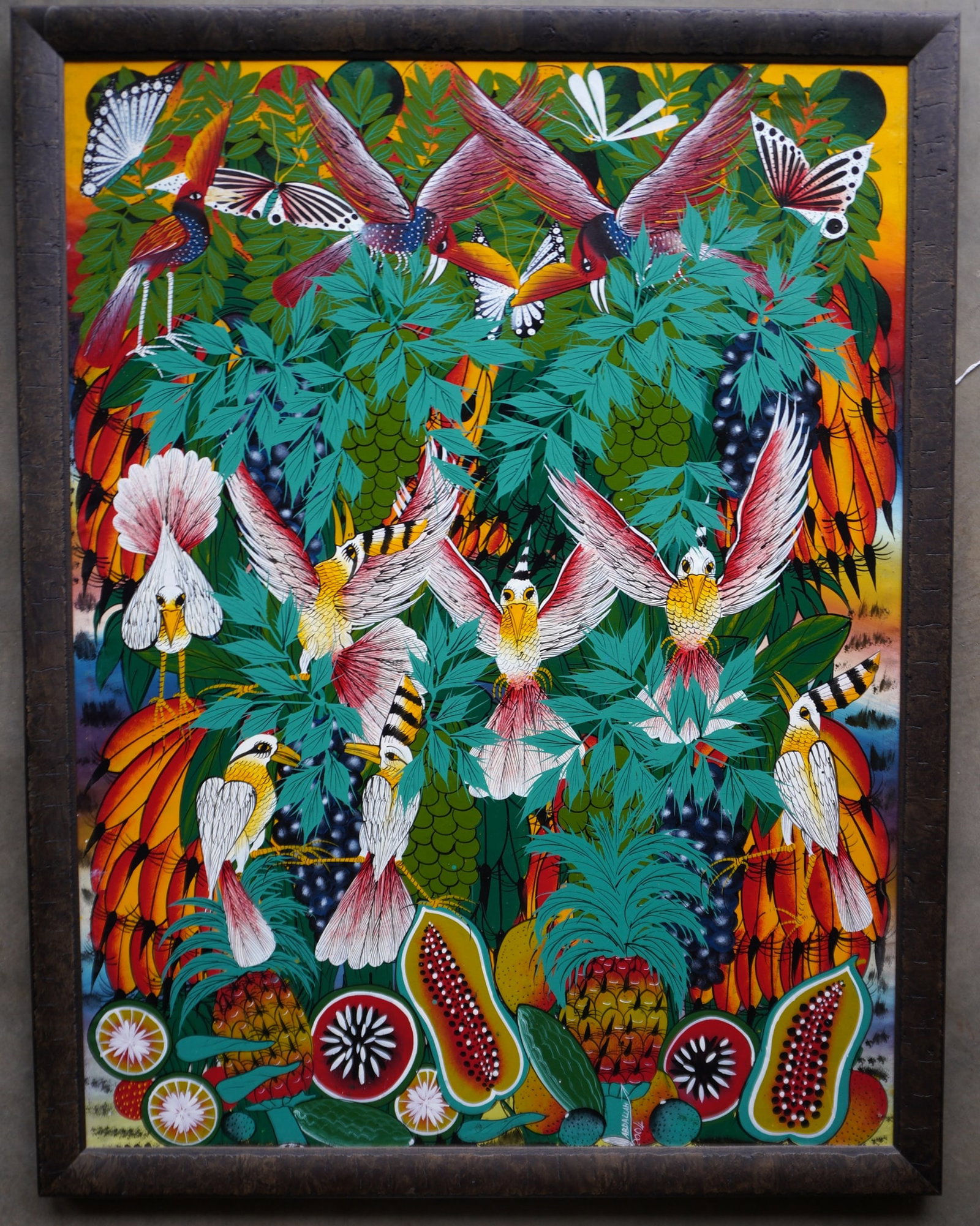 Large acrylic on canvas, Caribbean style, depicting exotic birds, butterflies, and fruit with foliag: Large acrylic on canvas, Caribbean style, depicting exotic birds, butterflies, and fruit with foliage, signed Abdallah 2004. Very good condition. Measures 39 1/2" x 50 1/2".