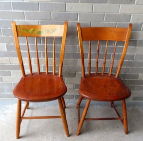 Two early rabbit ear side chairs, one with hand painted floral back splat, early 19th c.