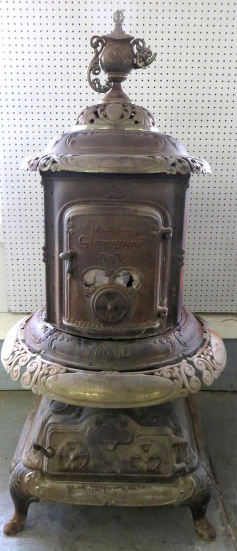 Cast Iron Pot Belly Stove Signed Modern Glenwood Oak No