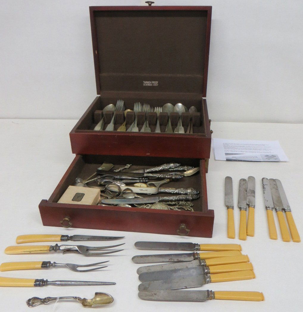 Assortment of silver plate flatware, most faux coin sil: Assortment of silver plate flatware, most faux coin silver signed William Hutton & Sons - includes one specialized serving spoon in sterling - original box. Some with Bakelite handles.