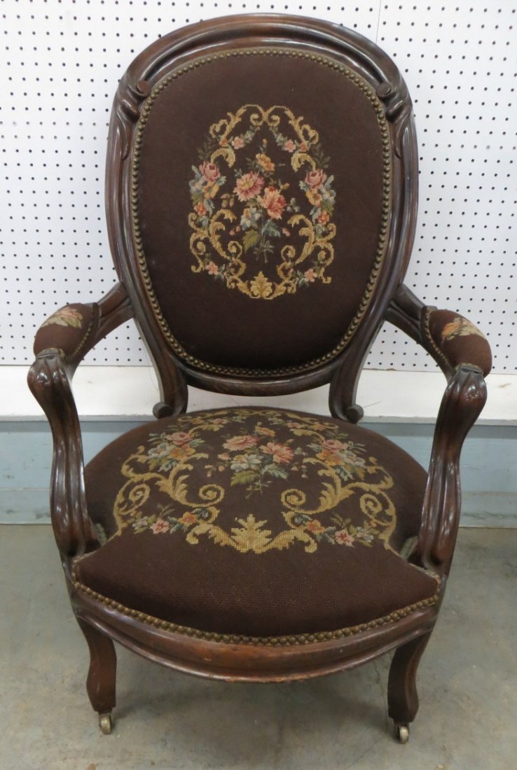Victorian upholstered Gent's chair with needlepoint sea: Victorian upholstered Gent's chair with needlepoint seat, back and arms. Provenance: Deassessioned from the Huguenot Historical Society, New Paltz, NY.