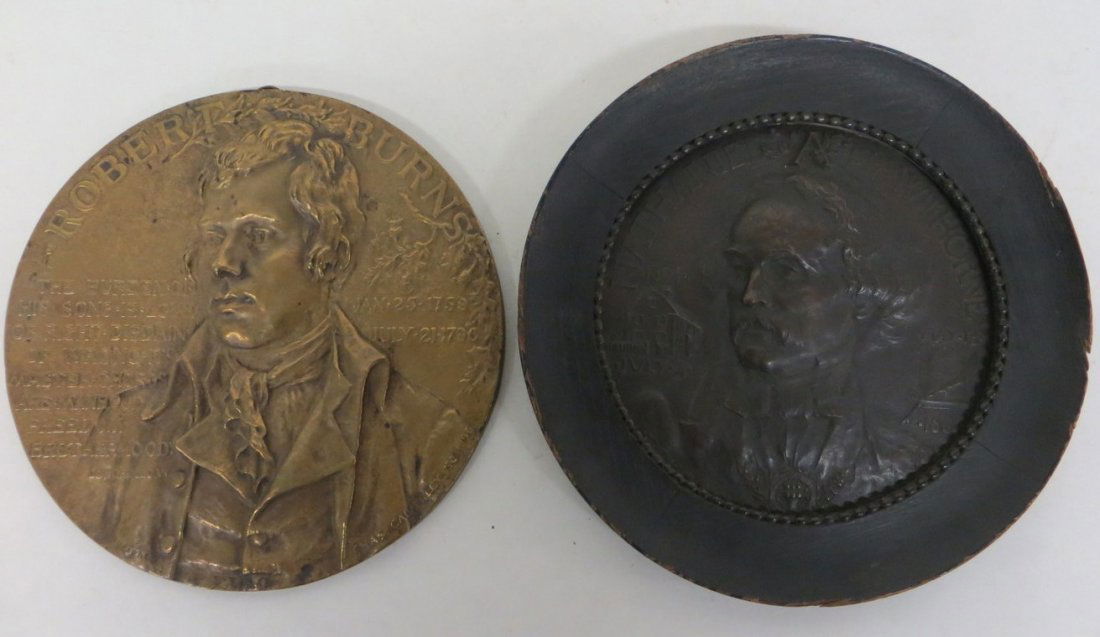 Two bronze wall plaques: A circular plaque with oak fra: Two bronze wall plaques: A circular plaque with oak frame of Nathaniel Hawthorne signed Ringel-D'Illzach 1864 (Jean Desire Ringel D'illzach 1847-1916 French). 7"D; and a circular plaque of Robert Burn