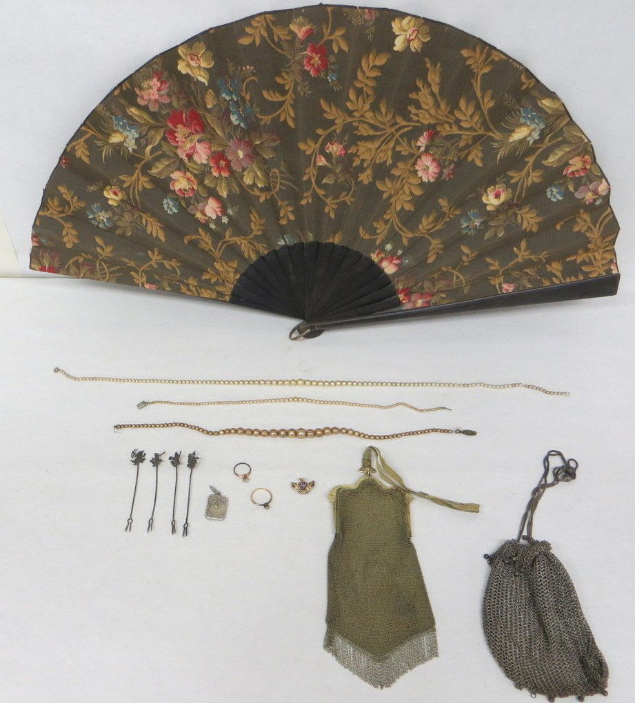 Collection of lady's articles including an oriental flo: Collection of lady's articles including an oriental floral fan, 2 beaded mesh purses, 2 pearl necklaces in original boxes, various plated jewelry.