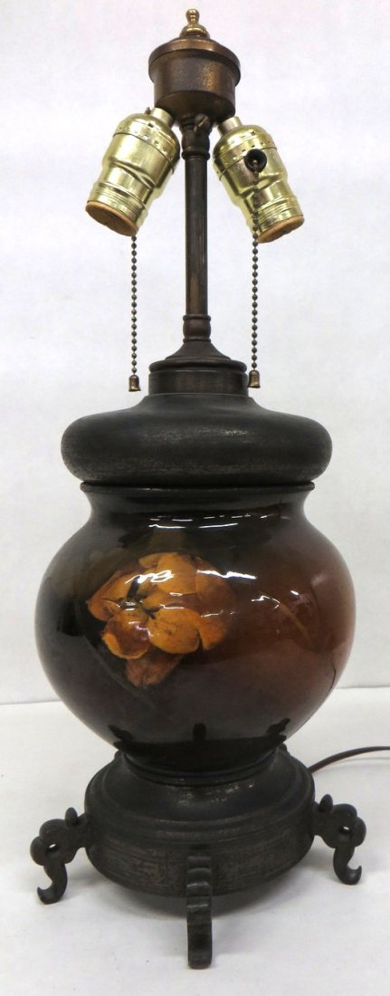 Art pottery vase/lamp with faux bronze oriental style b: Art pottery vase/lamp with faux bronze oriental style base. Overall height 20"H. Provenance: From the estate of John Whiteford, Wassaic NY.
