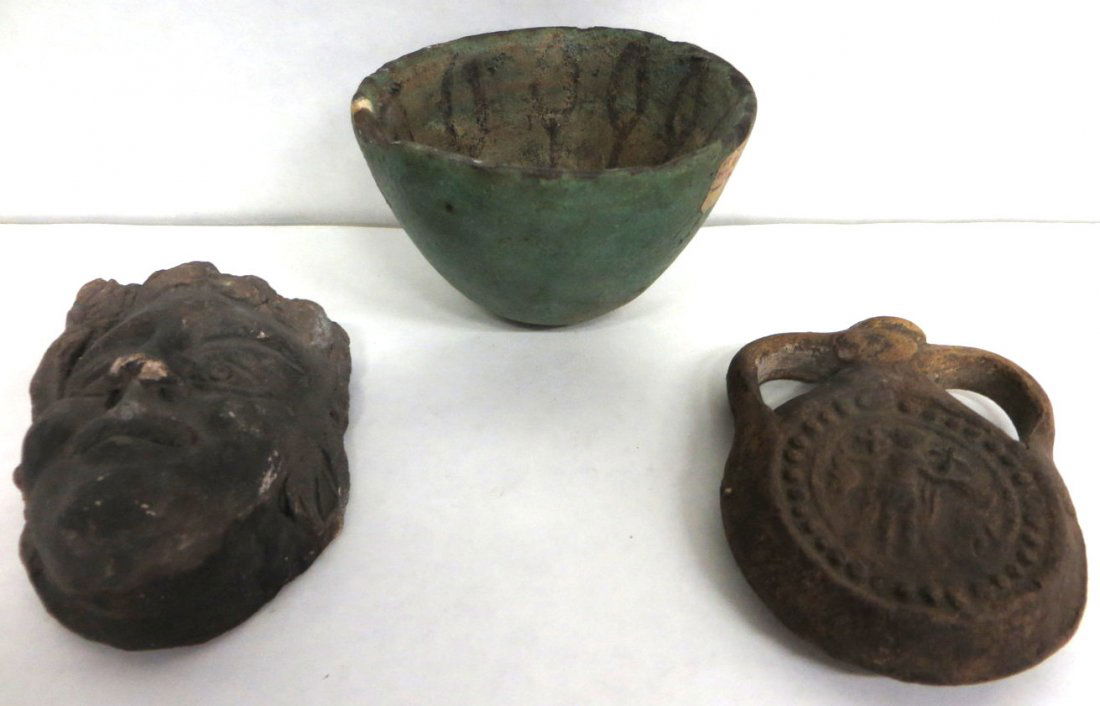 Three pieces of ancient pottery including small cup wit: Three pieces of ancient pottery including small cup with painted interior (paper label attached to side "Egyptian near Cairo 10-7-09 A.K." - 2.75" x 3.5"D, earthenware face, unknown age, miniature dou