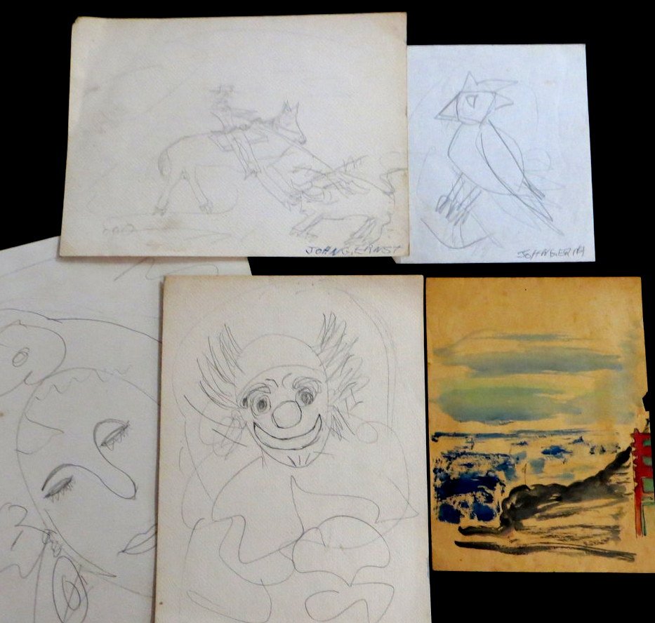 Lot of 5 pencil sketches by John G. Ernst (only 2 signe: Lot of 5 pencil sketches by John G. Ernst (only 2 signed).