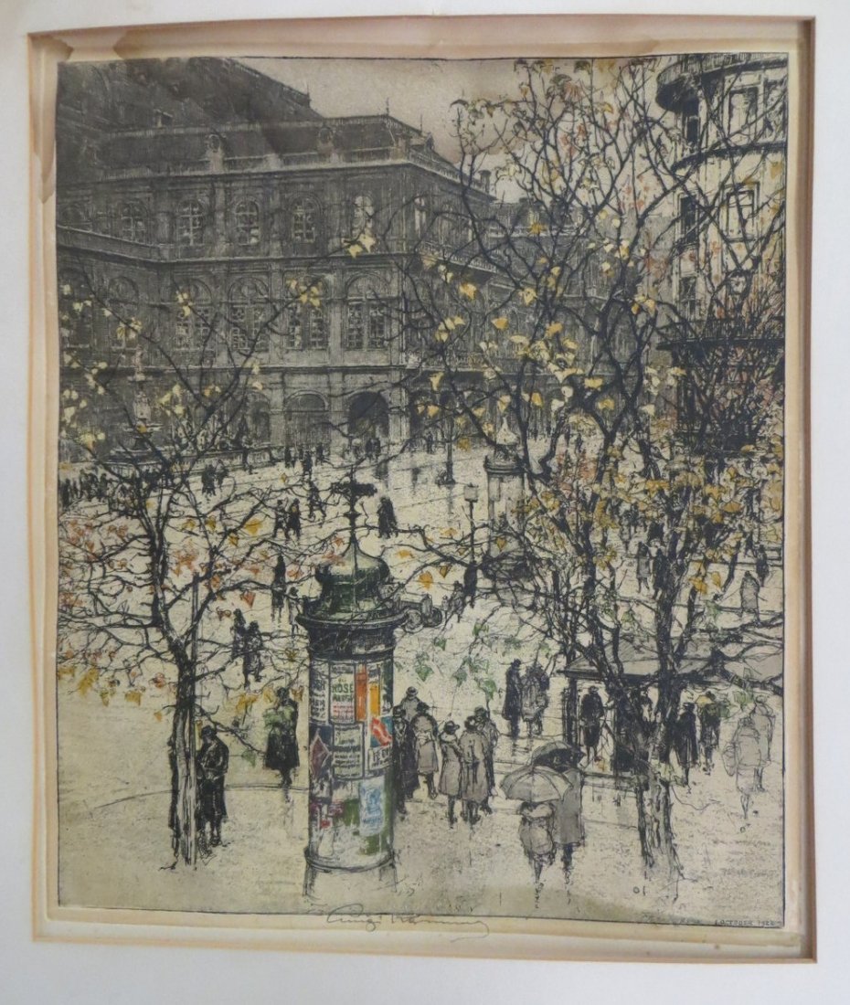 Luigi Kasimir (Calif/Austria 1881-1962) - Colored etchi: Luigi Kasimir (Calif/Austria 1881-1962) - Colored etching of city street scene - signed and dated 1 Oct. 1922. 16" x 19". Note - please see photo for condition problem - water stain in upper left & up