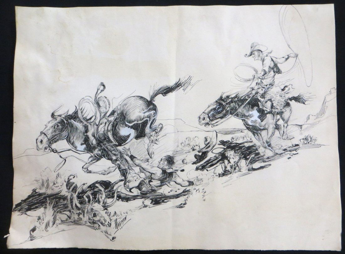 Pen & Ink Western illustration with cowboys signed Harm: Pen & Ink Western illustration with cowboys signed Harman '27 (Fred Jr. Harman Colo/Calif 1902-1982). Some staining upper left corner - 16.5" x 22.5" - not framed.