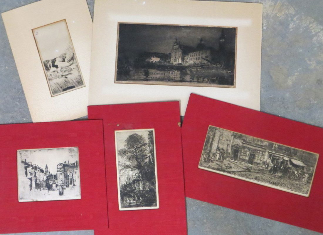 Lot of 5 etchings - 4 of architectural city scenes and : Lot of 5 etchings - 4 of architectural city scenes and 1 of napping girl - 4 pencil signed Clifford Addams (Clifford Isaac Addams NY/Calif/England 1876 - 1942) - 1 unsigned but appears to be his work.