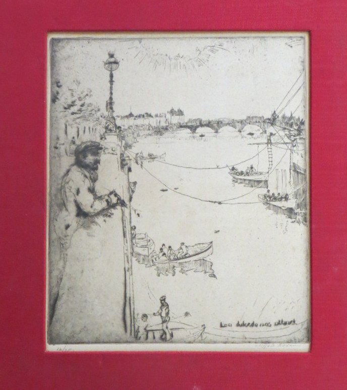 Etching of man overlooking harbor signed Clifford Addam: Etching of man overlooking harbor signed Clifford Addams (Clifford Isaac Addams NY/Calif/England 1876 - 1942) - 7.5" x 9.25"