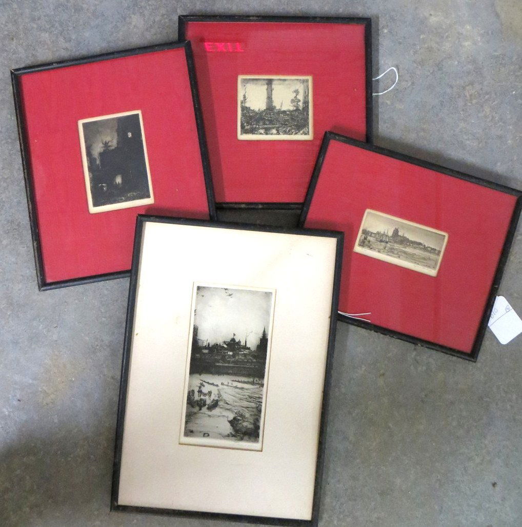Lot of 4 small etchings - 4 of architectural building c: Lot of 4 small etchings - 4 of architectural building city scenes - 3 pencil signed Clifford Addams (Clifford Isaac Addams NY/Calif/England 1876 - 1942).