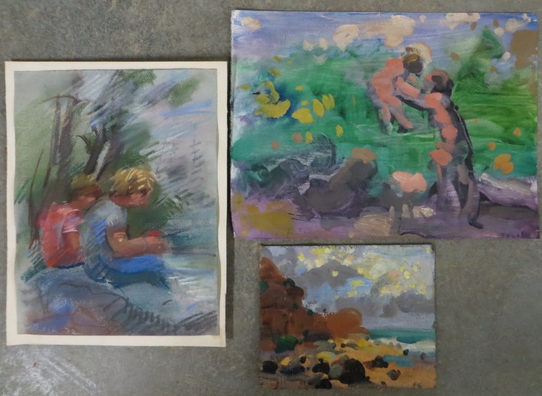 Three pieces of modern art signed R. Beck: Three pieces of modern art signed R. Beck (Rosemary Beck, NY 1923-2003) including O/B rock ledge over ocean signed on reverse Martha's Vineyard - 7.5" x 8.5", pastel of 2 children reading outdoors - 1