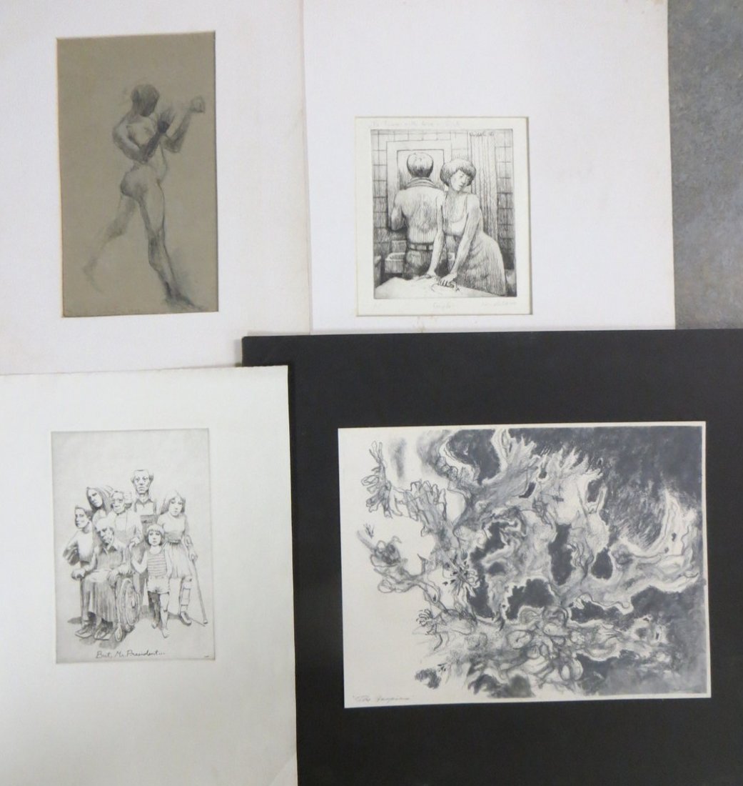 Four pieces of artwork including graphite drawing of nu: Four pieces of artwork including graphite drawing of nude signed Nicholas Buhalis (Woodstock NY 1919-1992) dated 1951 - 5.5" x 9.5", etching entitled "But Mr. President....." & artist proof "Couple" b