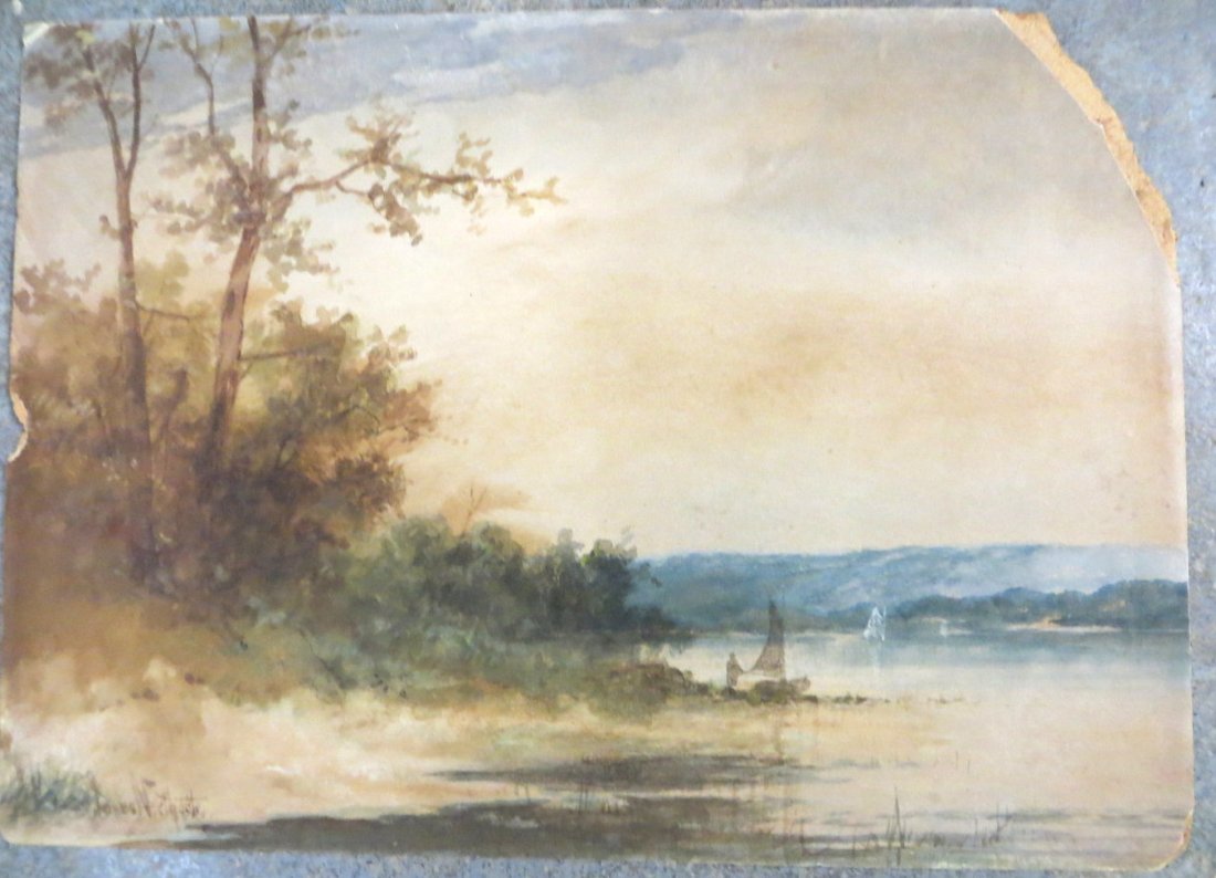 W/C of lake, trees, sailboat with figure signed James N: W/C of lake, trees, sailboat with figure signed James Northcote (NY 1822-1904) - 10" x 14". 19th century.
