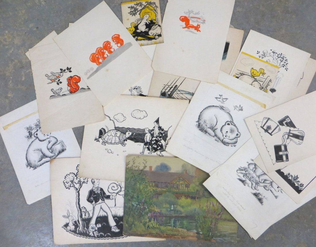 Grouping of original illustrations, most for children b: Grouping of original illustrations, most for children books, by Helen Baker Evers (some signed H.B.E., other signed Evers). Helen Evers married Alf Evers and they wrote 50 children books together. Siz
