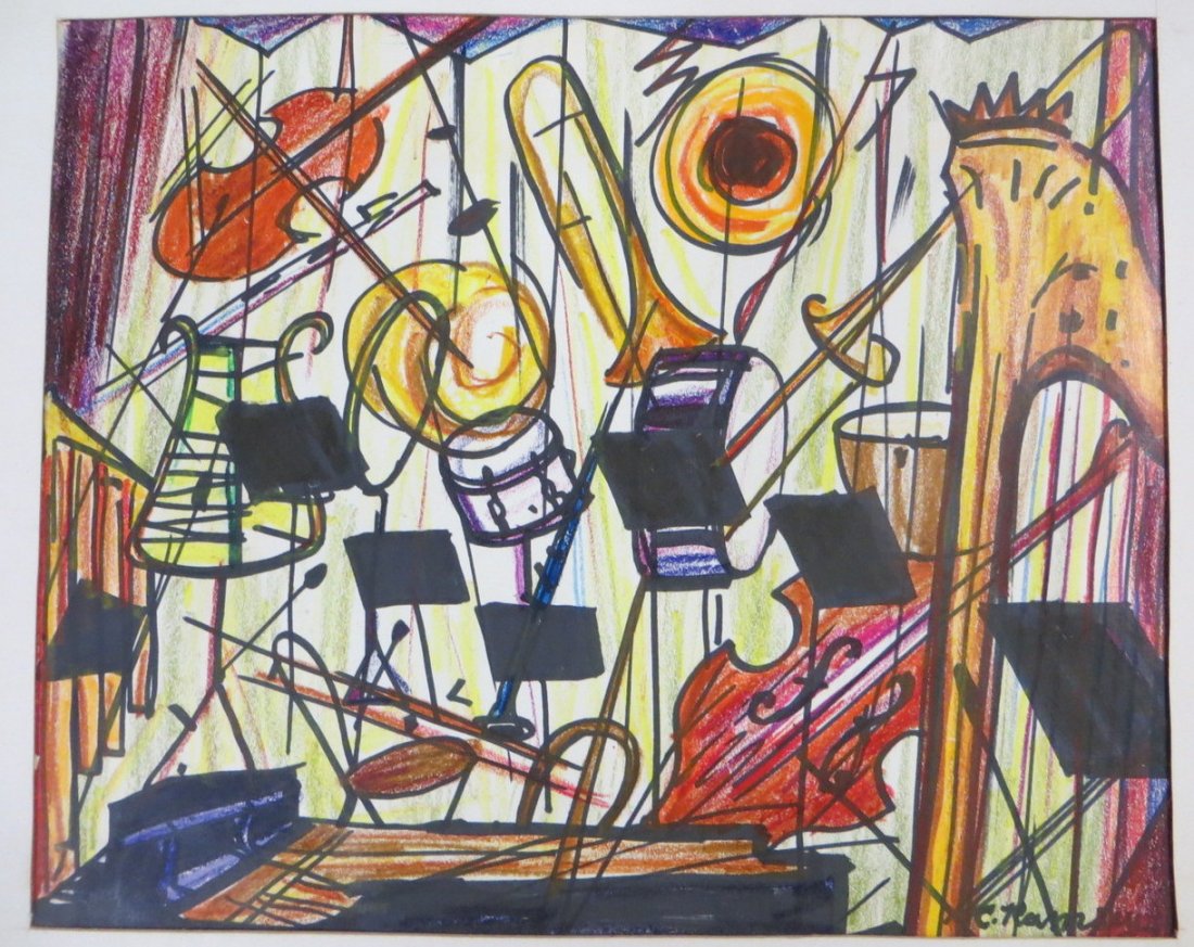 Expressionism crayon drawing of musical instruments sig