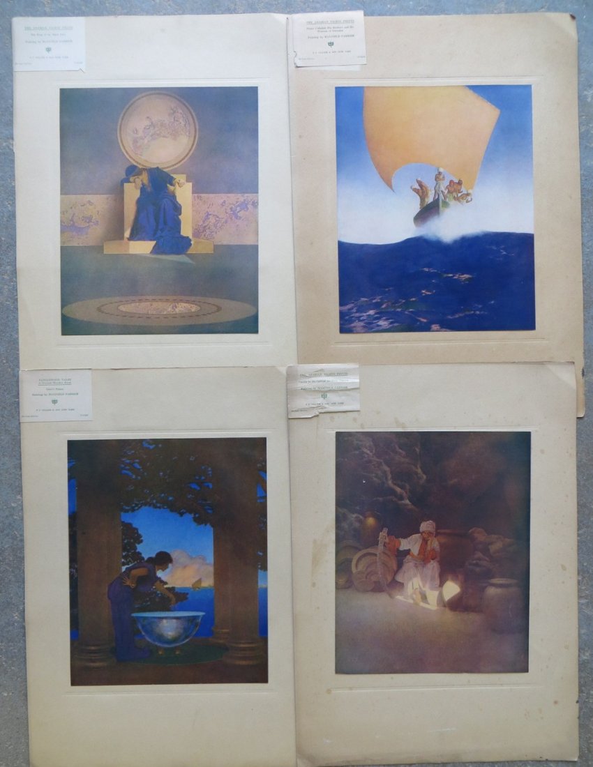 Lot of 4 Maxfield Parish unframed prints from P.F. Coll: Lot of 4 Maxfield Parish unframed prints from P.F. Collier & Son NY (all 4 have original Collier paper labels attached) including "The King of the Black Isles" from the Arabian Nights prints - 8.75" x