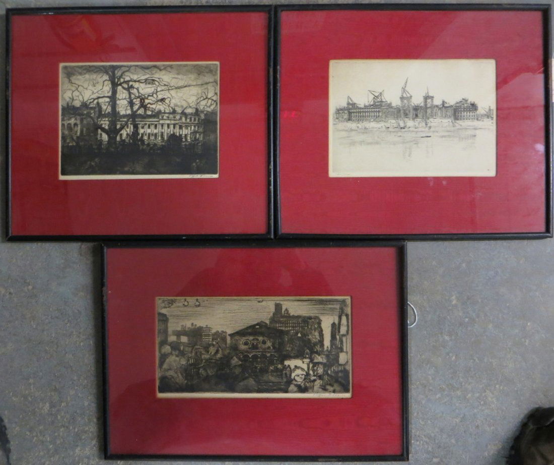 Three etchings pencil signed Clifford Addams (Clifford : Three etchings pencil signed Clifford Addams (Clifford Isaac Addams - NY/Calif/England 1876-1942) including large building under construction by port - 7.25" x 10.25", architectural building - 7.25" x