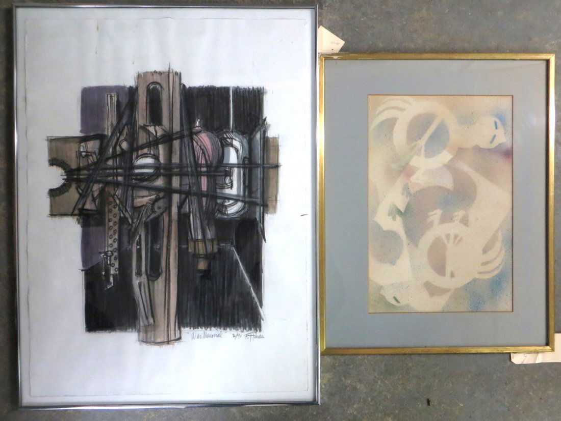 Two abstract works including W/C & chalk entitled "War : Two abstract works including W/C & chalk entitled "War Memorial" dated 2/91 signed F. Hines - 22" x 30" and an abstract stencil work, unsigned - 11.5" x 17.5".