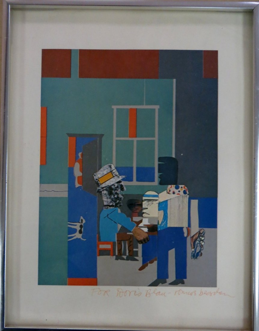 Romare Bearden print of collage - pencil signed.: Romare Bearden (Romare Howard Bearden NY 1911 - 1988). Pencil signed colored collage print of men and dog inscribed "For Doris Blau ...." - 6" x 8". Unsure, but this is possibly a computer generated p
