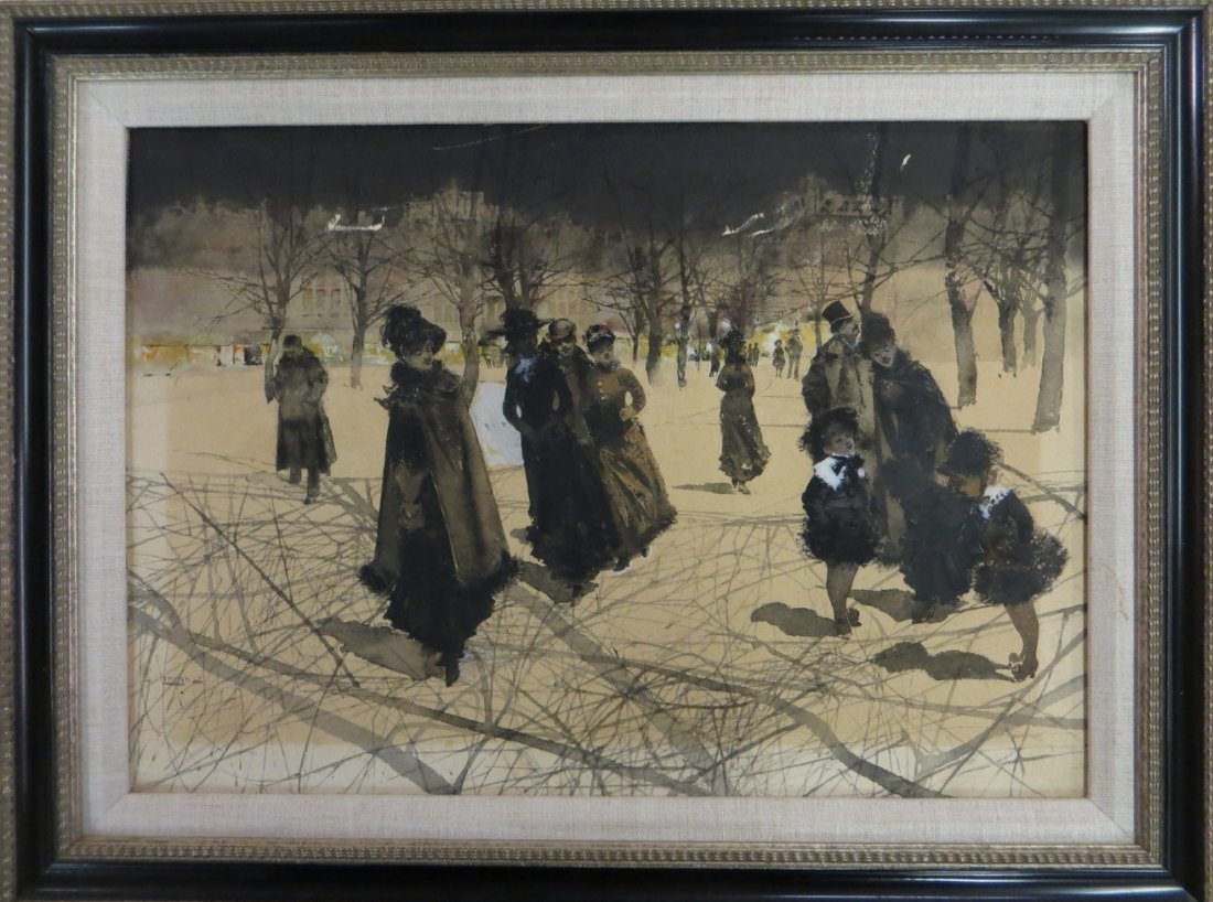 W/C with gouache highlights of Edwardian people in park: W/C with gouache highlights of Edwardian people in park with snow - city in background - signed Lingren (possibly Paul Lingren, Calif 1923-1989). 15.5" x 19.25"