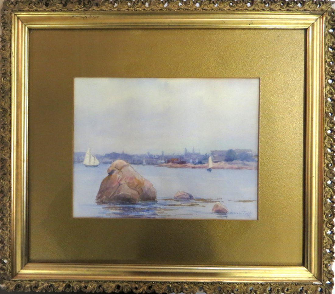Massachusetts W/C Harbor scene with sailboats and town: Massachusetts W/C Harbor scene with sailboats and town in background, signed Heber C. Todd (Mass. 19th century - probably Gloucester Mass) - 10.25" x 13.5".