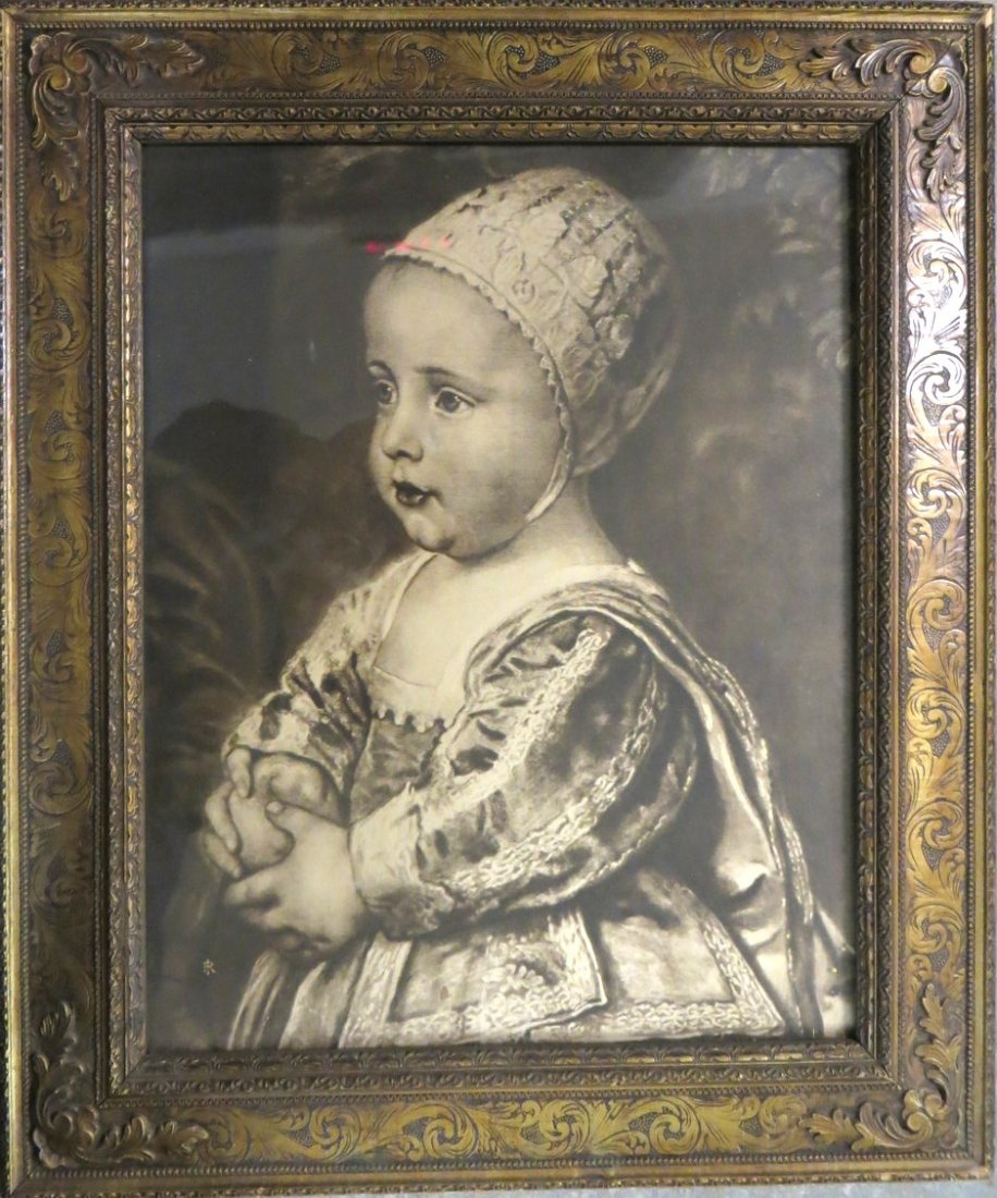 Large classical print of young girl in ornate 1920's ge: Large classical print of young girl in ornate 1920's gesso & incised frame titled "Baby Stuart" after Van Dyke painting. 15.5" x 19.75".
