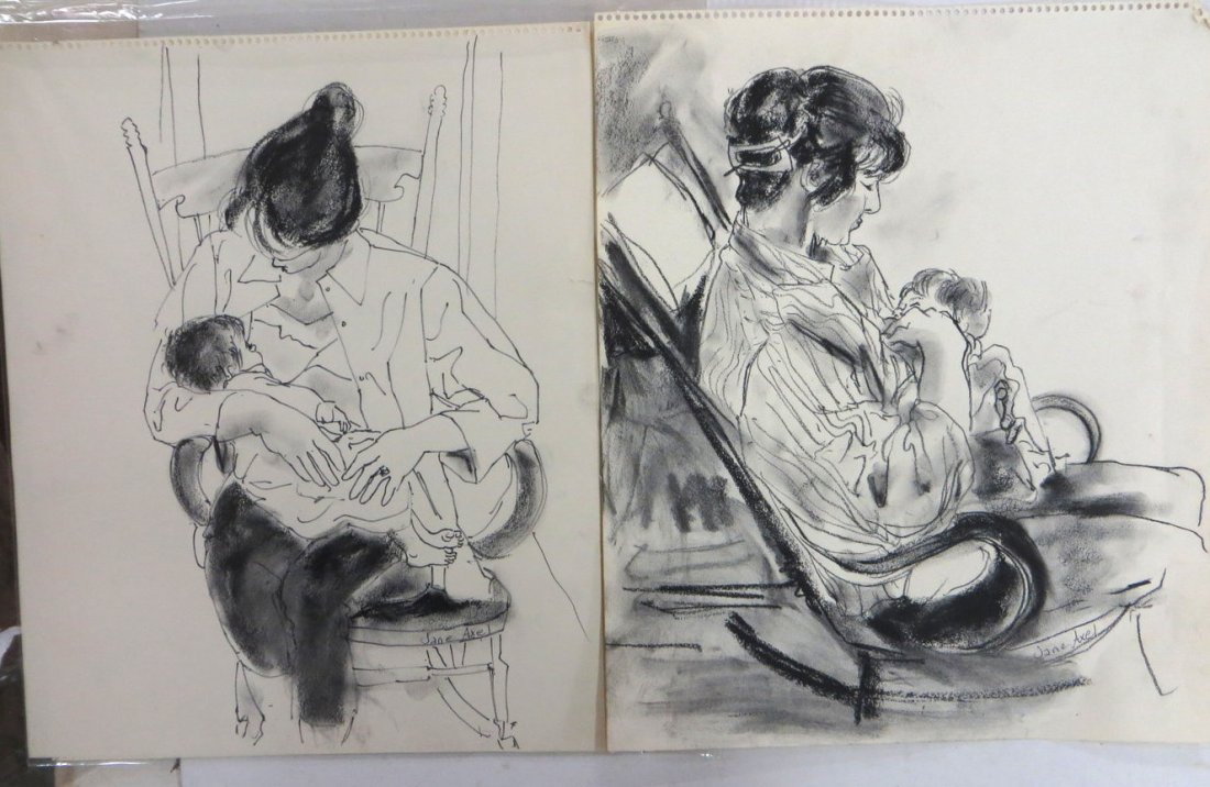 Two chalk drawings of mother with child signed Jane Axe: Two chalk drawings of mother with child signed Jane Axel (Woodstock NY - 20th century) - 14" x 17".
