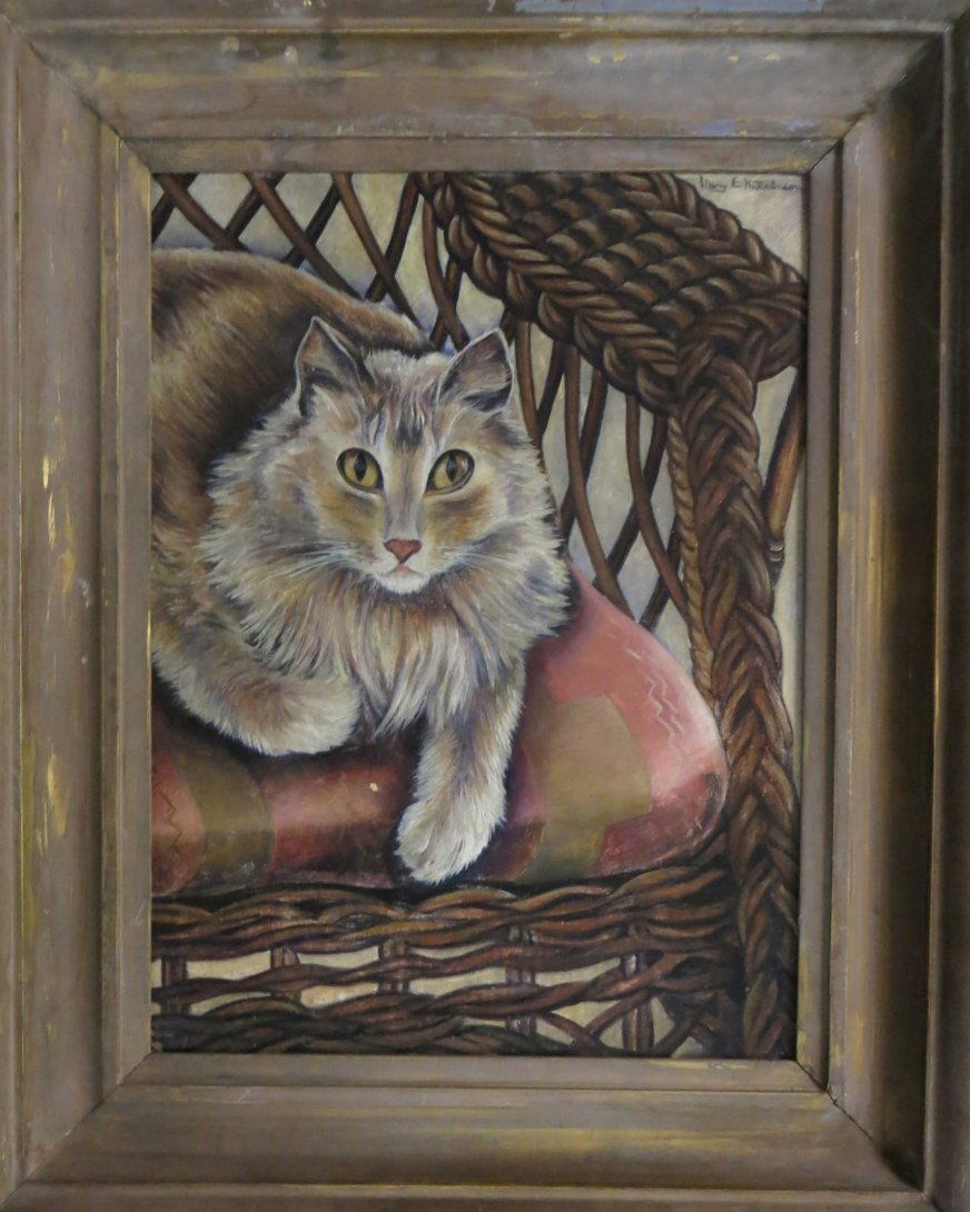 O/C Portrait of grey cat sitting in chair - signed Mary: O/C Portrait of grey cat sitting in chair - signed Mary E. Hutchinson (Mary Elizabeth Hutchinson NY (1906 - 1970).