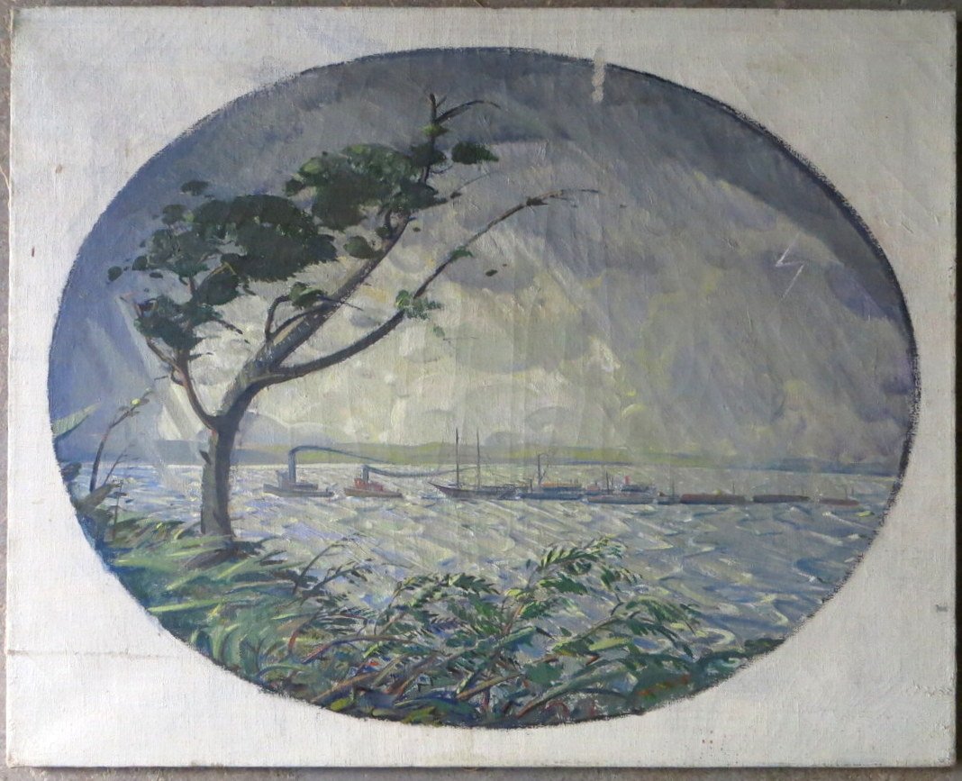 O/C Hudson River scene with tug boats, sailboats and ba: O/C Hudson River scene with tug boats, sailboats and barges - signed James Scott (Milton NY, 1889-1955, know for murals) - 18.5" x 25.5"