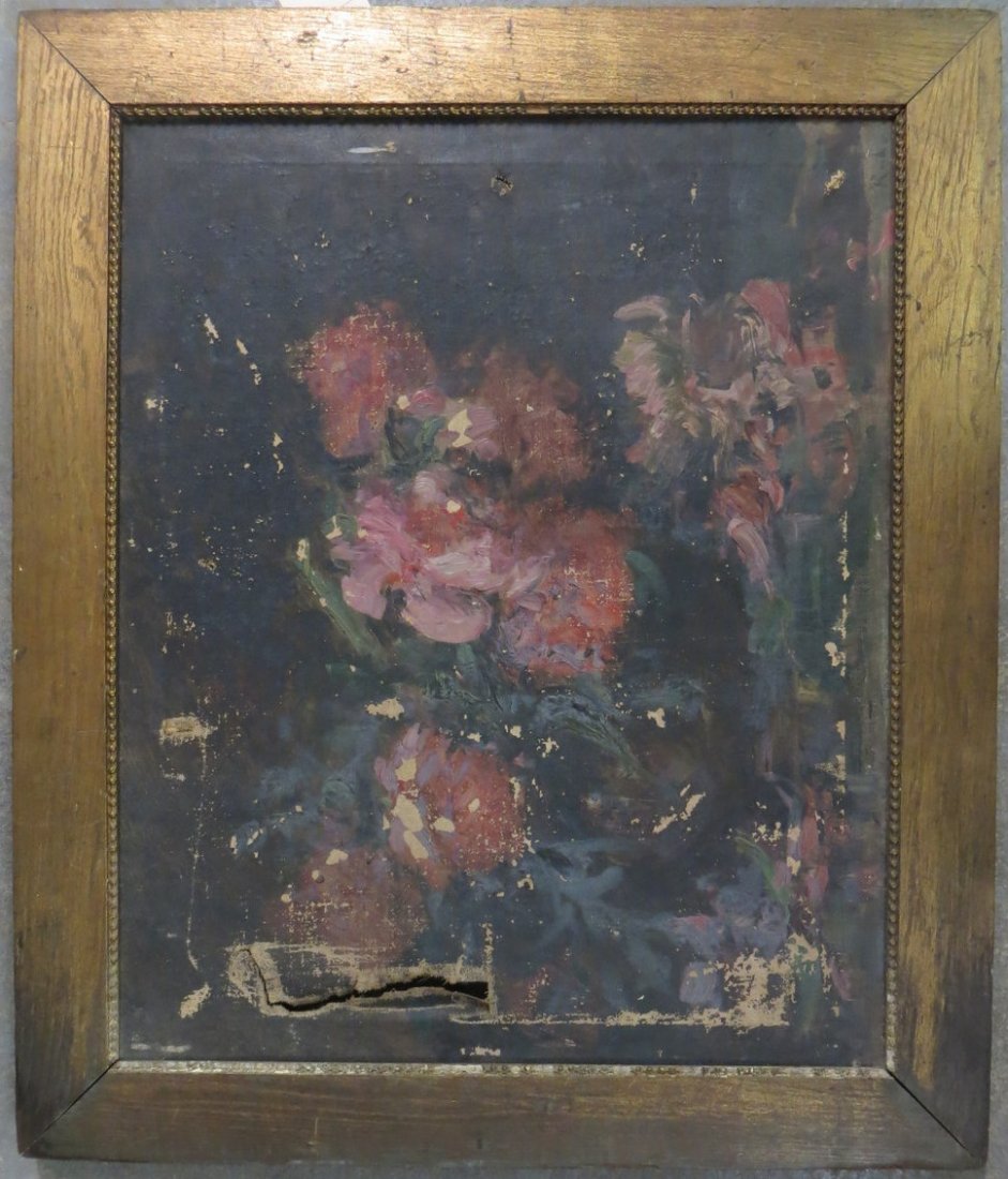 Large O/C still life of flowers signed Ruhe (Probably M: Large O/C still life of flowers signed Ruhe - Paper label on back identifying artist as Miriam S. Ruhe (PA 19th to 20th century) - Needs major restoration - 23" x 28"