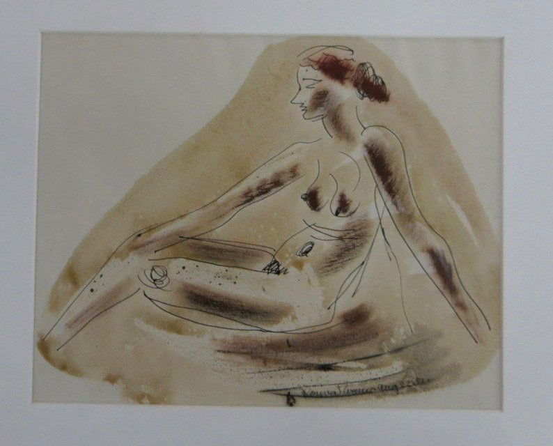 Modernistic pen/ink & W/C of nude lady signed Konrad Cr: Modernistic pen/ink & W/C of nude lady signed Konrad Cramer (Woodstock NY - 1888-1963) - Woodstock Art Association. 9.75" x 7.75"