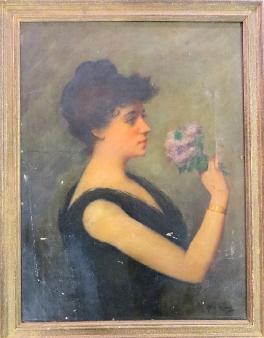 O/C Portrait of Edwardian lady holding flowers signed H: O/C Portrait of Edwardian lady holding flowers signed H.A. Levy (Herbert A. Levy NY - born 1857) - 11.75" x 16" - minor surface paint chips otherwise good condition.