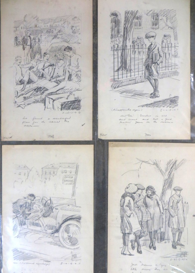 Four early 20th century pencil illustrations including : Four early 20th century pencil illustrations including "Bob don't mind putting in a few hours a day - at study" 9/4/22, "Just because a guy has a little money they all fall for him" 2/25/22, "Sis foun