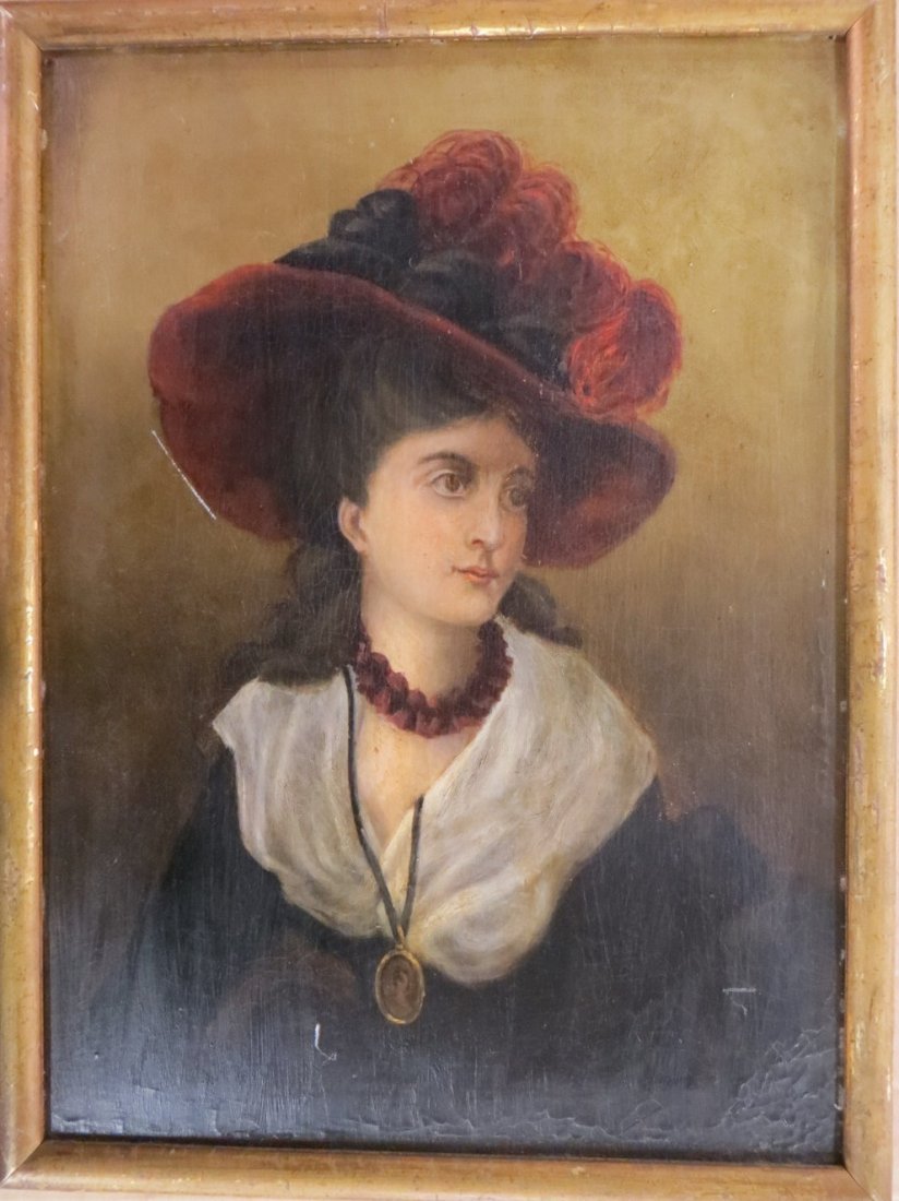 O/B Portrait of Edwardian lady with feather bonnet wear: O/B Portrait of Edwardian lady with feather bonnet wearing locket. Signed on reverse "Haas No. 23" - paint raised along bottom edge - 19th century - 12" x 16.5"