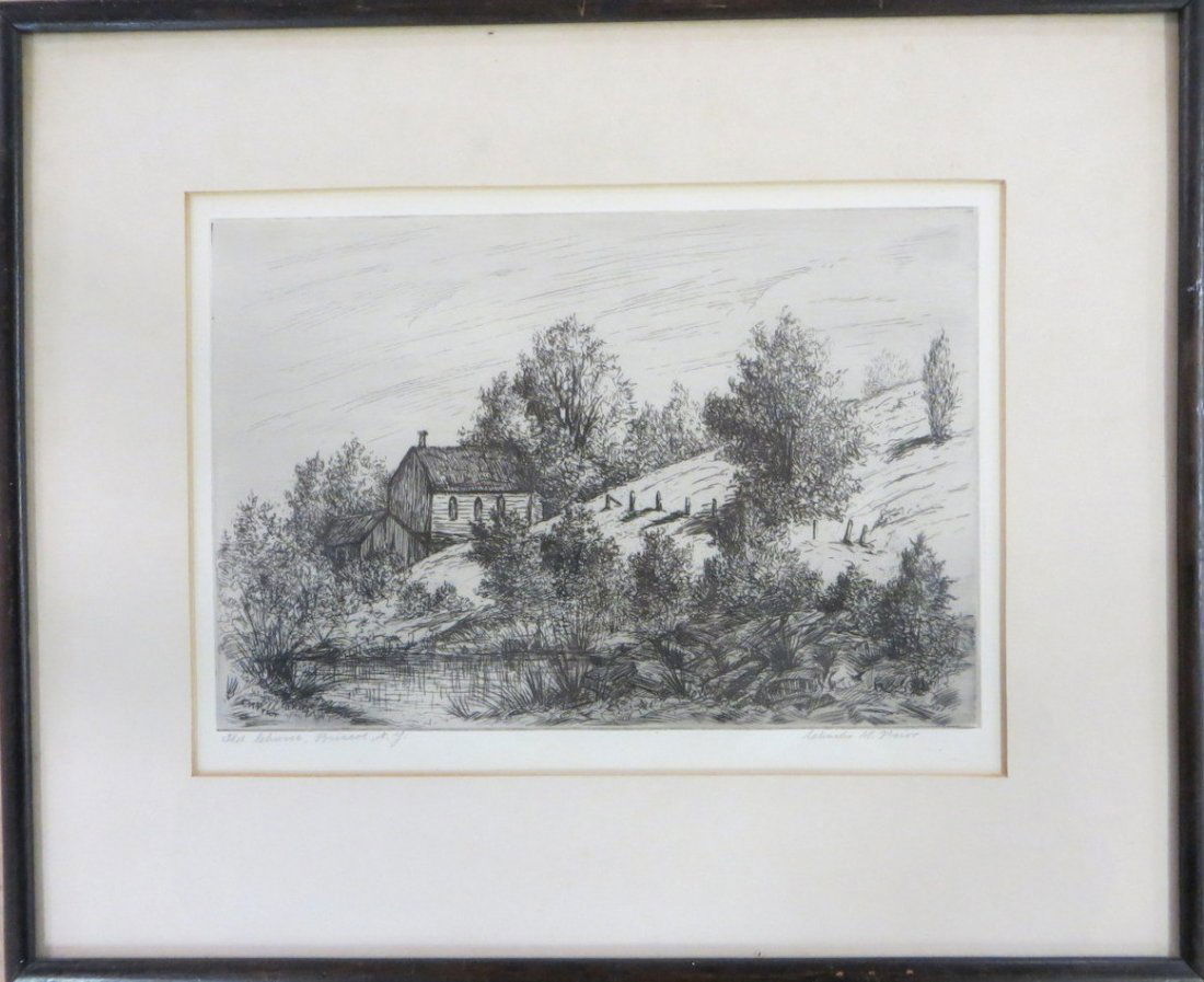 Etching of building by field and pond entitled "Old Chu: Etching of building by field and pond entitled "Old Church, Briscoe NY" signed Charles M. Prior (Charles M. Prior NY born 1865). 7.5" x 10.5