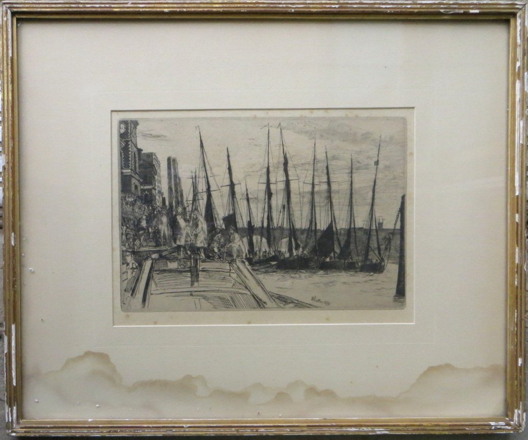 Etching of sailing vessels at port signed Whistler 1859: Etching of sailing vessels at port signed Whistler 1859 (Whistler signature not pencil signed and within the print) (James Abbott McNeill Whistler - Mass./France 1834-1903) - 6.75" x 9.5"