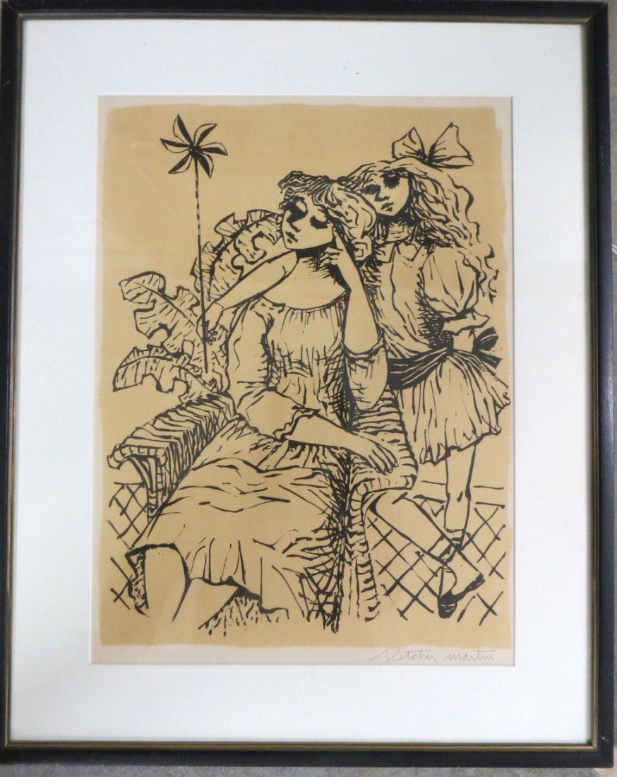Black and white lithograph of 2 young ladies, pencil si: Black and white lithograph of 2 young ladies, pencil signed Fletcher Martin (Calif/Woodstock NY 1904-1979) - 15.25" x 20.75"