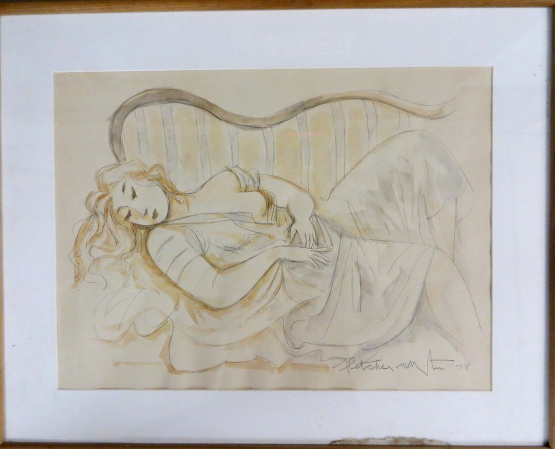 W/C and pencil drawing of lady resting on couch signed : W/C and pencil drawing of lady resting on couch signed Fletcher Martin '78 - (Calif/Woodstock NY 1904-1979) - 16.25" x 22"